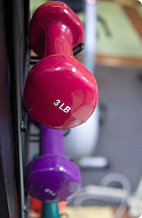 Pink and purple dumbbells on rack.