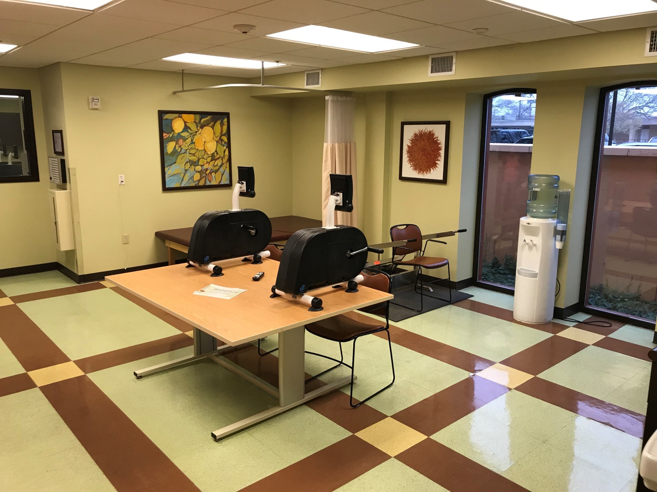 Empty dining area with round tables.