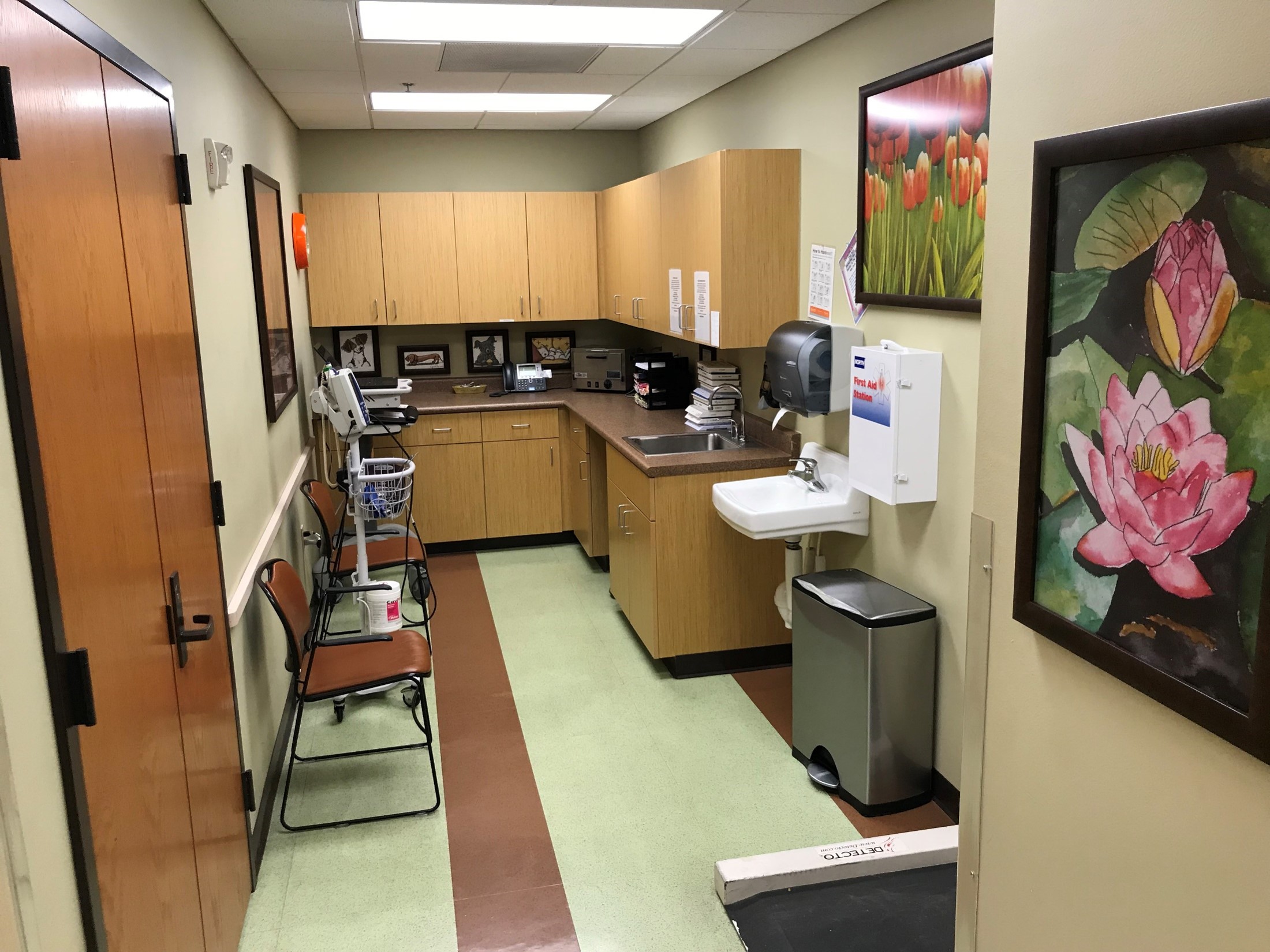 Empty dining area with round tables.